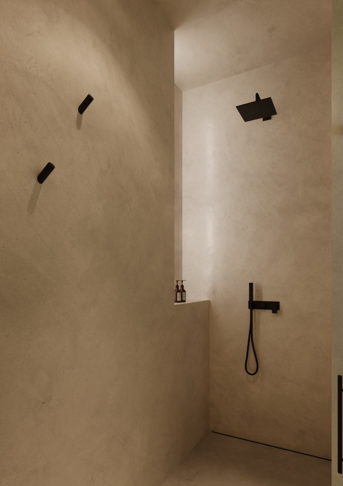 Cabine de Duche Walk-in em Microcimento com Torneiras Pretas Mate